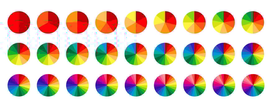 Multicolored circle sections collection. Pie charts diagrams in spectrum colors. Infographic round elements set. Pack of 2 to 28 slices and sectors. Process phases and stages of cycle. vector