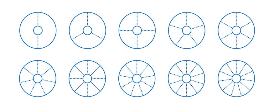 Donut chart segments collection. Wheel diagrams set. Outline ring sections and slices pack. From 2 to 11 sectors of infographic charts. Different phases and stages of cycle. vector