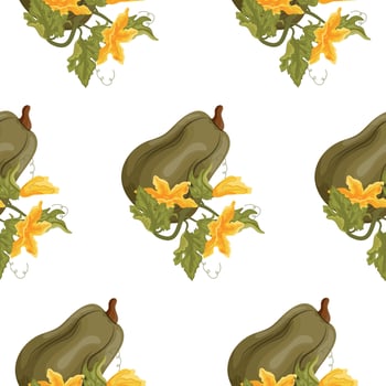 pattern with long green pumpkin and green tops with yellow flowers and green leaves next to it, for autumn print, textile or packaging vector