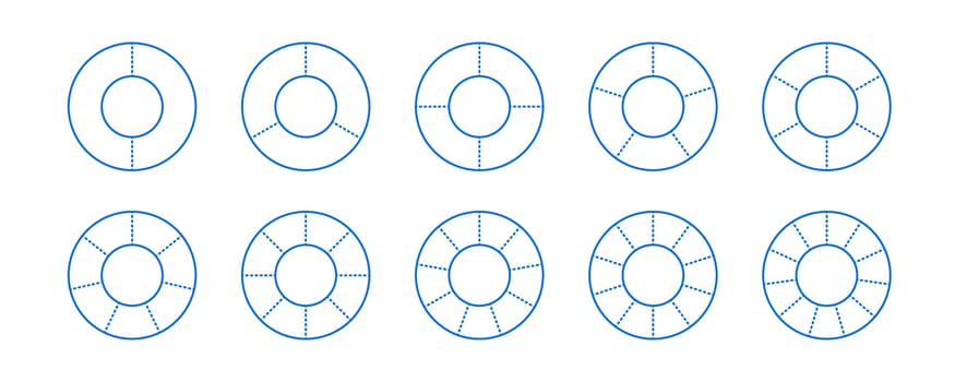 Donut chart segments set. Wheel diagrams pack. Blue outline ring sections and slices collection. From 2 to 11 sectors of infographic charts. Different phases and stages of cycle. vector