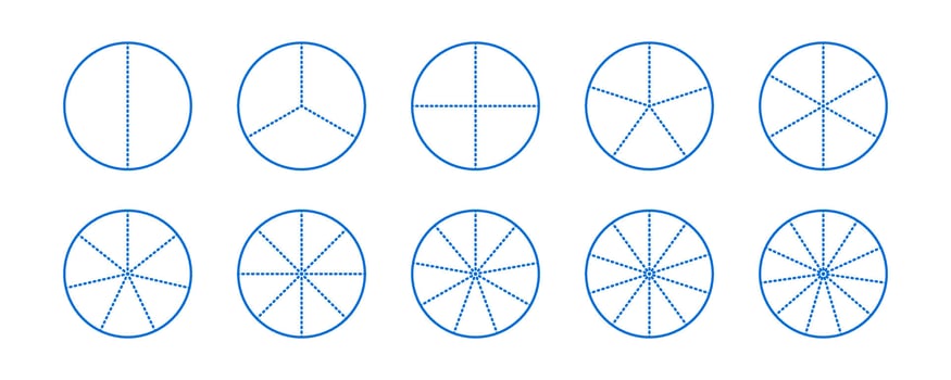 Circle segments collection. Pie diagrams set. Round sections and slices pack. Dotted segments from 2 to 11 of infographic charts. Different phases and stages of cycle. vector