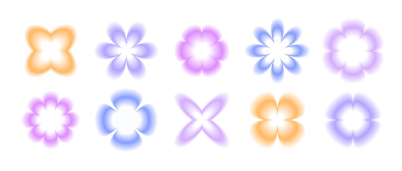 Y2k smooth gradient flowers set. Blurry flower aura collection. Abstract blurred trendy elements for logo, templates, badges, stickers. pack vector