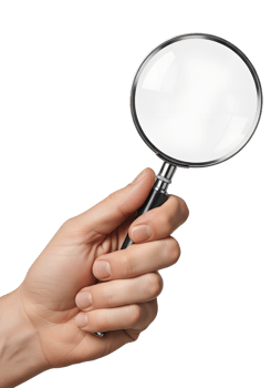 Hand holding magnifying glass, clear lens and metal handle, isolated on transparent background, inspection tool, detective concept, search and analysis png