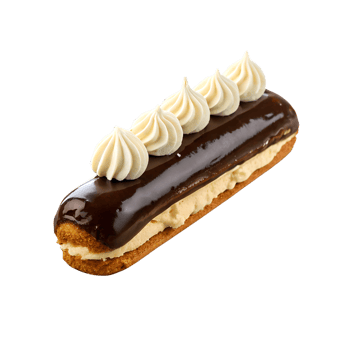 Chocolate eclair with cream filling on a plate isolated on transparent background png