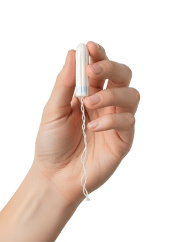Hand holding tampon representing feminine hygiene and menstruation, isolated on transparent background, period care concept, women's health, sanitary product png