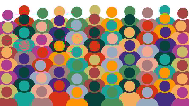 Colorful crowd of people icons. Diversity and inclusion background design. Multiracial crowd. Workers group, community in parade or in protest. Abstract community backdrop vector