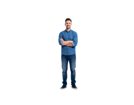 Smiling Man in Denim Shirt with Arms Crossed Full Body Shot. png