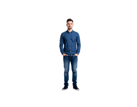 Man in Denim Shirt and Jeans with Hands in Pockets Full Shot. png