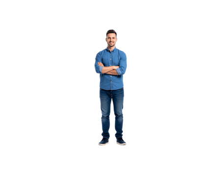 Smiling Man in Denim Shirt and Jeans with Arms Crossed Full Shot. png