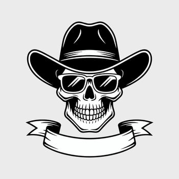 Monochrome Cowboy Skull with Hat, Sunglasses, and Blank Ribbon cartoon Illustration vector