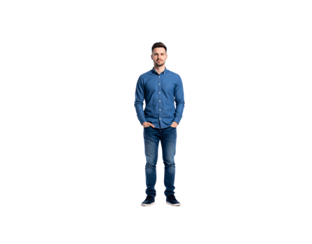 Standing man in denim shirt and jeans with hands in pockets. png