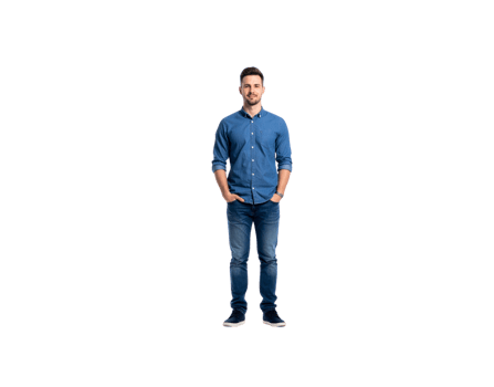 Full Body Shot of Man in Denim Outfit with Hands in Pockets. png