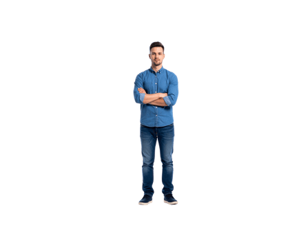 Confident Man in Denim Outfit with Arms Crossed Full Shot. png