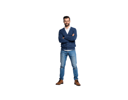 Smiling Man with Arms Crossed Wearing Blue Cardigan and Jeans. png