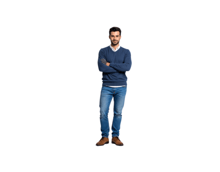 Confident Man in Blue Sweater and Jeans with Arms Crossed. png