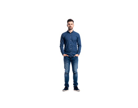 Standing Man in Blue Shirt and Jeans with Hands in Pockets. png