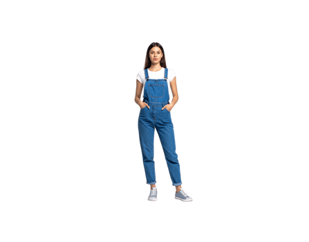Young Woman in Denim Overalls and White TShirt Standing Confidently. png