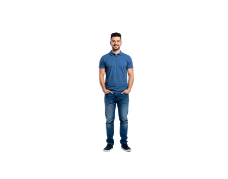 Smiling man in blue polo shirt and jeans hands in pockets. png