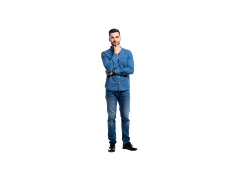 Pensive Man in Denim Outfit with Hand on Chin Full Shot. png