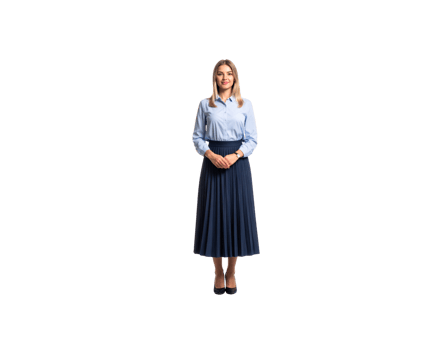 Smiling Blonde Woman in Blue Shirt and Pleated Skirt Standing. png