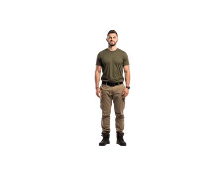 Standing Man in Olive TShirt and Khaki Cargo Pants with Boots. png
