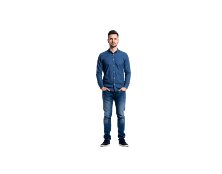 Full Shot of a Man in Denim Shirt and Jeans with Hands in Pockets. png