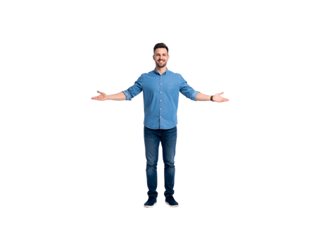 Smiling Man in Denim Outfit with Open Arms Gesture. png