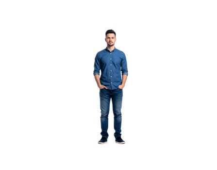Full Shot of Man in Denim Outfit with Hands in Pockets. png