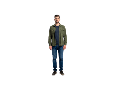 Full Shot of a Man in Jeans and Green Shirt Smiling. png