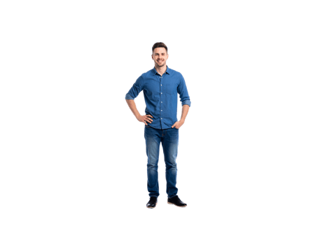 Smiling Man in Denim Shirt and Jeans Hands on Hips Pose. png