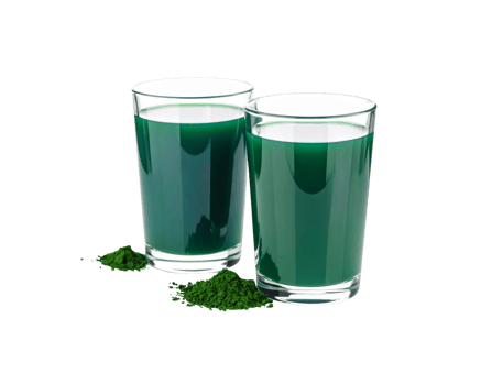 Two Glasses of Green Spirulina Drink with Spirulina Powder Piles. png