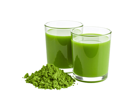 Two Glasses of Vibrant Green Matcha Drink with Powder Pile. png