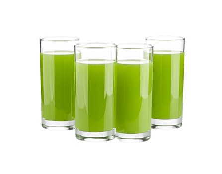 Four Clear Glasses Filled with Vibrant Green Juice on Display. png