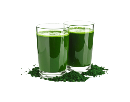 Two Glasses of Vibrant Green Spirulina Smoothie with Powder Pile. png