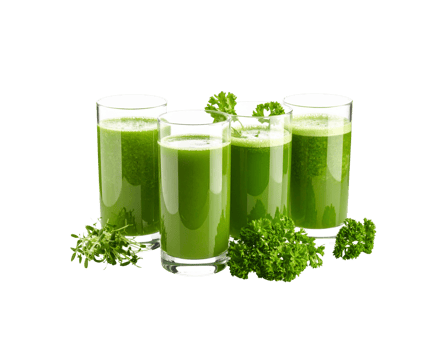 Four Glasses of Fresh Green Smoothie with Herbs and Parsley Garnish. png