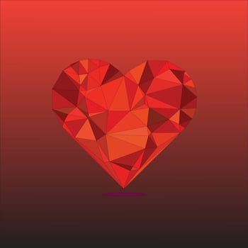 a red heart shaped polygonal polygonal heart on a red background vector