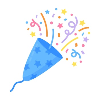 Celebration blue firecracker icon with confetti and streamers. Logo on white background for party, present, birthday, holiday, anniversary. Isolated flat illustration vector