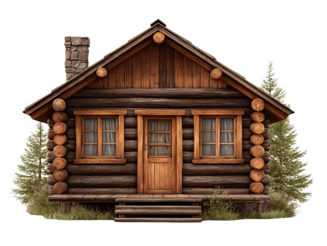 A small log cabin with a porch and windows png