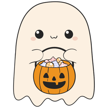 halloween cartoon ghost with pumpkin candy bucket in kid friendly flat design png