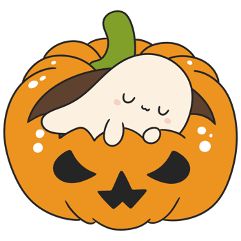 halloween cartoon ghost resting in a pumpkin in kawaii flat style for kids png