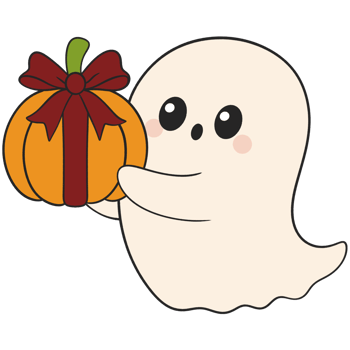 halloween cute ghost giving a pumpkin gift with ribbon in flat color cartoon style png