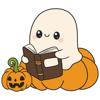 halloween cute ghost reading a book to a little pumpkin in flat color cartoon style png