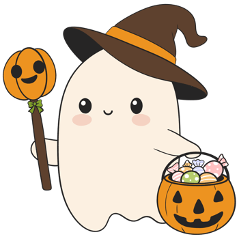halloween cute ghost carrying a pumpkin candy bucket in flat color cartoon style png
