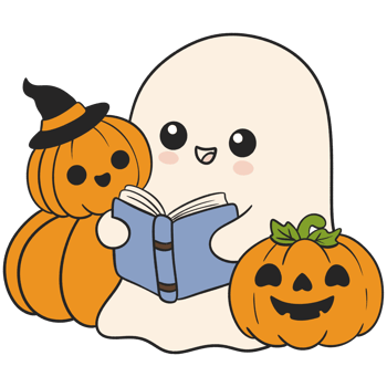 halloween cartoon ghost reading to a small pumpkin in kid friendly kawaii style png