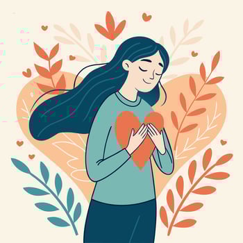Woman embracing self love and compassion with a heart symbol promoting mental wellness and emotional well being illustration vector