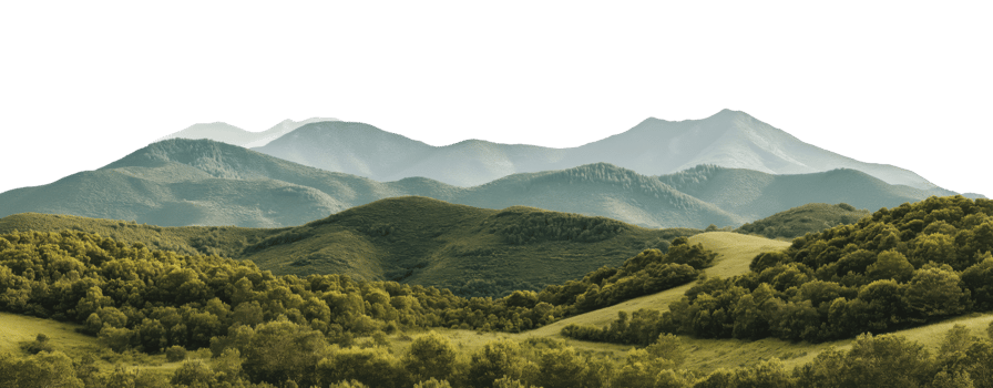 Panoramic view of lush green rolling hills and mountain ranges isolated on transparent background png