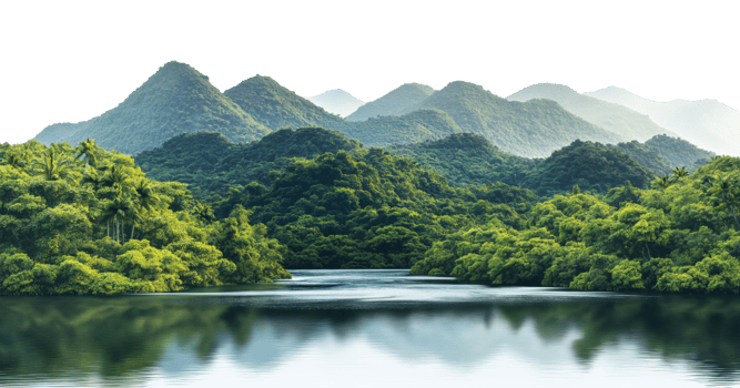Calm lake reflecting lush tropical forest with layered mountain peaks, isolated on transparent background png