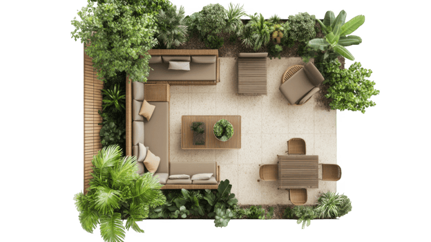 Serene Rooftop Patio Design Overhead View of Tranquil Outdoor Oasis with Lush Greenery and Modern Furniture png
