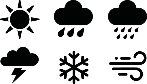 Simple weather icons representing sunny rainy cloudy snowy stormy and windy conditions in a flat design vector