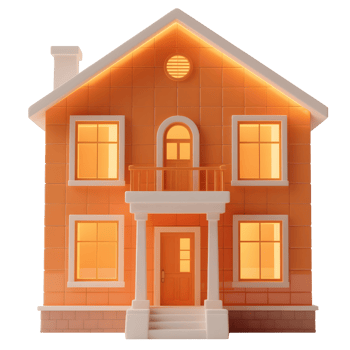 An orange house with white trim is isolated on transparent background png